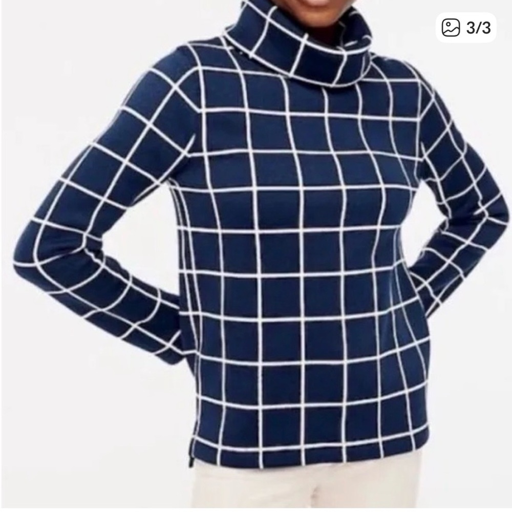 WARM fleece lined J Crew Women's Navy Grid Turtleneck Sweater